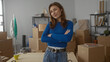 © Krakenimages.com - Woman in blue sweater crosses arms in modern living room surrounded by moving boxes, representing a new beginning in her recently purchased apartment interior.