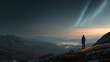 © OlegKovalevich - Silhouette of person standing on mountain ridge at dawn, with soft aurora-like light rays illuminating sky. Concept of serene adventure and natural wonder