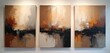 © Pete - Three abstract paintings adorn studio wall. Textured brushstrokes create blend of brown orange white black colors. Nonfigurative art series display deep emotional impact, inviting contemplation.