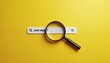 © Pete - Magnifying glass finds next step query. Search loupe over inquiry sign seeks answer. Finding solution, progress concept. Future steps research, strategy in business with yellow background. New goal,