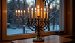 © Silva - Candles burning night on menorah with snowy window background, modern style