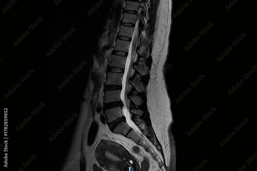Rare Spinal Disc Sagittal lumbar spine MRI showing vertebrae, intervertebral discs ...