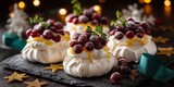 Mini pavlova desserts topped with whipped cream, cranberries and lemon curd. Festive and elegant Christmas treat.