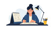 © Rachman - A creative young woman with dark hair in a bun, smiling as she draws at her desk under a lamp.