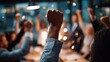 © The Little Hut - Triumph Celebration: Diverse Business Team Cheers Success with Raised Fists in Modern Office Environment