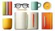 © Malika - Colorful Desk Items Including Mug, Notebooks, Glasses, and Candle on Transparent Background