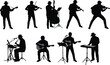 © parves's world - Musician silhouette, guitar player, violinist pose, keyboard artist, microphone singer, music performance, black figure, live band, stage act, concert scene