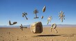 © dira - Stone glyphs floating in the desert under a clear sky creating an abstract ancient composition