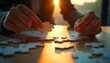 © Umair - Businesswoman hand connecting jigsaw puzzle with sunlight effect, created with generative ai