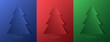 © JE48 - Set of 3D Merry Christmas card background in red, green and blue color. Minimalist Christmas tree banner in papercut style.  Elements of new year day festival for card, cover. Vector illustration.