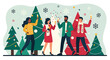 © Aries - A vibrant flat design illustration depicting a joyful Christmas party with friends celebrating, perfect for event invitations or festive promotions.