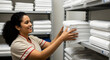 © justsann - A cheerful hotel employee organizing fresh white towels in the linen supply room, symbolizing excellent service and readiness for guests.