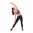 © Maya - Flat Vector Illustration of a Woman Performing a Side Bend Stretch Exercise in Athletic Wear, Focusing on Fitness, Flexibility, and Wellness.