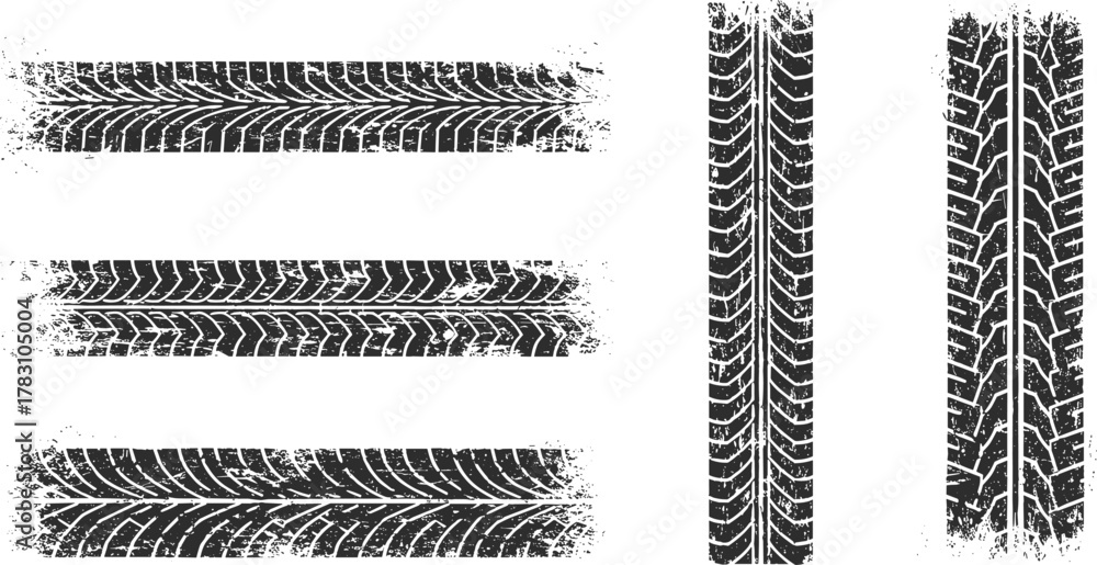 Tire tread imprint vector set, black rubber track patterns, horizontal ...