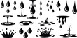 © Shirina - Set of sixteen black and white water droplet and splash vector illustrations showing liquid motion, ripple effects, and fluid dynamics