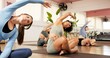 © peopleimages.com - Fitness, yoga class and women in gym with stretch, physical activity or relax in body wellness. Pilates, hobby or instructor in studio with mobility, warmup or posture improvement in group practice.