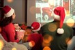 © Pixel-Shot - Little girl and her parents in Santa hats and with popcorn watching Christmas movie on projector screen at home, back view