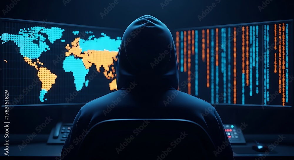 Hacker viewing world map and data Stock Photo | Adobe Stock