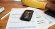 © peopleimages.com - Documents, phone screen and ringing with person at desk in home office for accounting or finance. Communication, paperwork and remote work with mobile on table in apartment for call or contact