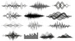 © charli - Dynamic collection of black and white sound wave forms and audio frequency visualizations representing abstract digital music and voice technology patterns