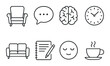 © Soliannikov Yevhenii - Monochrome icons: armchair, speech bubble, brain, clock, couch, notepad, smiley face, coffee cup