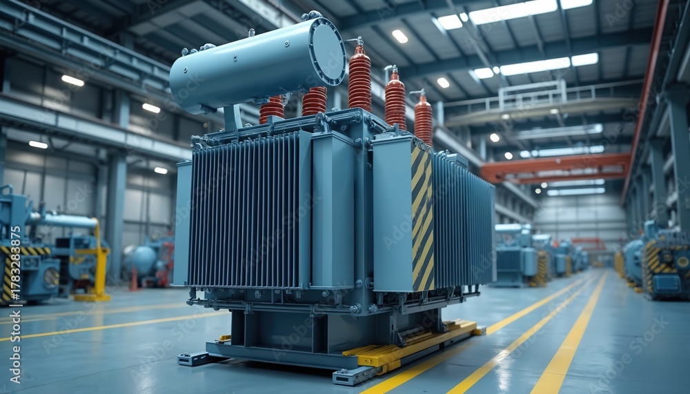 Lean Transformerfactory Modern industrial transformer sits in spacious factory. Power, tech are ...