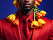 © Yana Zastolskaya - Stylish black man in a bold red suit adorned with yellow tulips. Modern fashion portrait on a blue background. A concept of contemporary masculinity.
