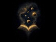 © Alex - Golden cosmic dust erupts from open book revealing planets against dark night sky.