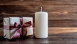 © sanjayart - Warm glow of a white pillar candle illuminates a beautifully wrapped gift with a rich burgundy ribbon, perfect for holiday celebrations and thoughtful gestures.