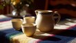© AI Petr Images - Ceramic pitcher and cups bathe in morning glow, serenading Siesta Sundays and Dia de los Muertos reflective gatherings
