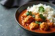 © Viktor - Chicken tikka masala with white basmati rice in bowl. Spicy Indian curry dish garnished with fresh green cilantro leaves. Creamy orange sauce surrounds tender chicken pieces. Delicious healthy meal