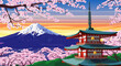 © Purnomo - Scenic vector illustration of a Japanese spring landscape with Mount Fuji and a traditional pagoda surrounded by blooming sakura trees at sunrise