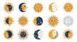 © Rezvi - Diverse mystical sun and moon illustrations featuring celestial designs with faces, stars, and bohemian elements.