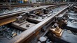 © Plaifah - Detailed close-up of rusty railway track mechanisms showing metal components, bolts, and wooden ties in a vintage train station setting