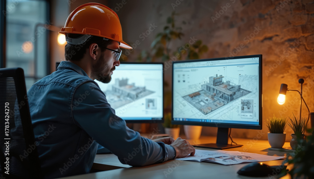 Engineer in helmet designs building at computer in office. Architect ...