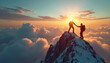 © Viktor - Two men help climb snowy mountain summit at sunset. One partner pulls friend hand to reach peak above clouds. People collaborate in teamwork for success, achievement, reaching goals. Show support,