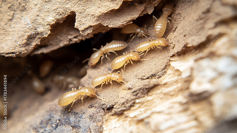 Termites burrow through wood, pale bodies exposed. The colony thrives ...