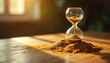 © Viktor - Golden sand flows through glass hourglass on wooden table representing passing time impacting value. Concept visualizes economic changes resource management over duration, measuring finite finite