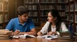 © N7 - Focused Indian Teenagers Studying Together Among Bookshelves