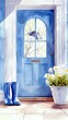 © Ferlina - A bright blue front door with an arched window, featuring an umbrella inside, is flanked by blue rain boots and a pot of white flowers.