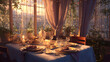© 3D Demo Stock - Festive dining setup beside window, golden-hour tone mapping and cinematic composition
