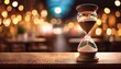 © Eric - hourglass on restaurant table time passing bokeh background concept image