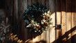© 3D Demo Stock - Holiday wreath on rustic wooden door, morning natural light with crisp shadow play, homely authenticity