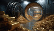 © Selvam - Open bank vault reveals piles of shiny gold coins and bars. Secure storage facility protects immense wealth and financial assets inside a strongroom.