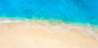 © icemanphotos - Abstract top view gorgeous tropical beach shore vibrant turquoise ocean water. Aerial expanse white sandy beach bright sunlight Ideal peaceful nature background empty. Summer vacation travel panorama