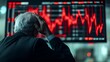 © Arslan - Man with head in hand watches red stock market crash on screen in dark office setting at night