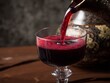 © Alex - Pouring deep red Korean raspberry wine into an elegant stemmed glass over a traditional wooden table with flowing liquid