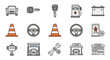 © Jerae - A collection of flat vector icons representing various aspects of automobiles and car dealerships, including cars, keys, steering wheels, traffic cones, gas pumps, car batteries, car washes, repair