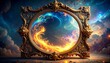 © Fazeel - Enchanted portrait mirror reflecting swirling magical energy and luminous colors, ornate frame shimmering with intricate enchanted carvings