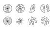 © Mara - Collection of outline illustrations depicting various forms of broken glass, including shattered circular panes, fragmented shards, and cracked surfaces, presented on a clean white background for